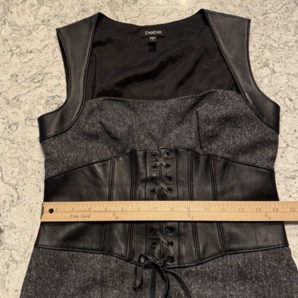 Bebe Vintage Y2K Real Leather Corset Wool Midi Pencil Dress Gray Tweed Size 8 - Picture 8 of 11